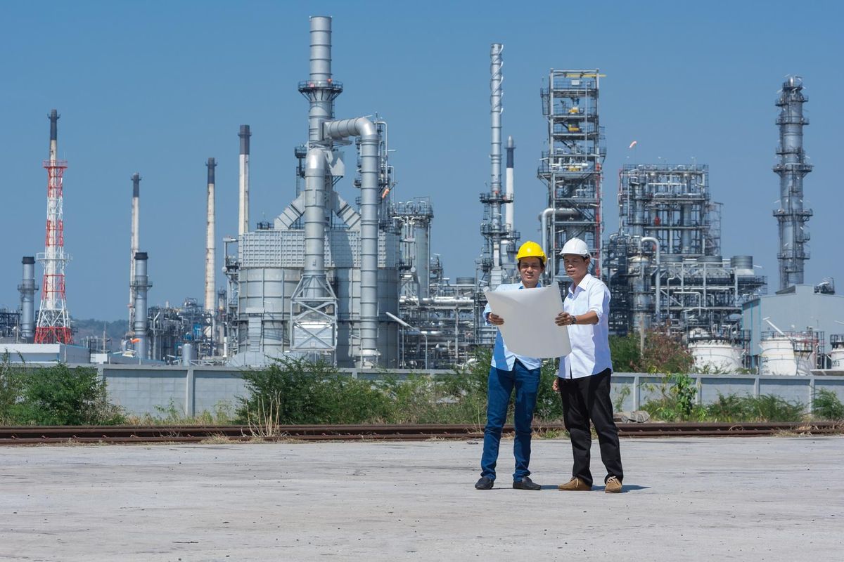 Engineers reviewing technical drawings on site at a processing facility