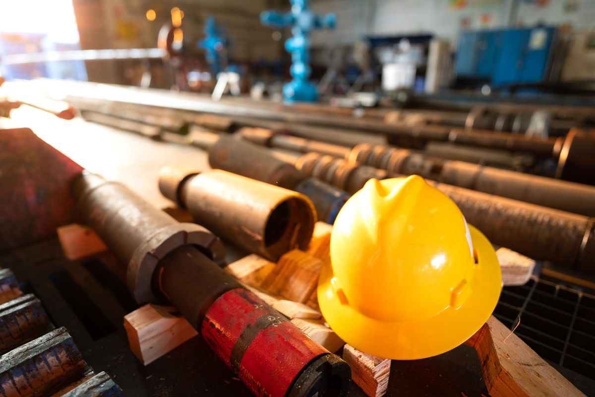Drill pipe and industrial equipment staged at an operational site