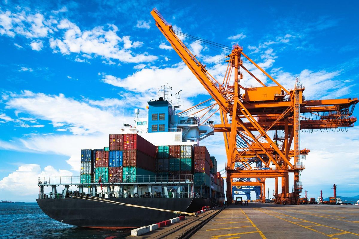 Container cranes loading industrial cargo at port